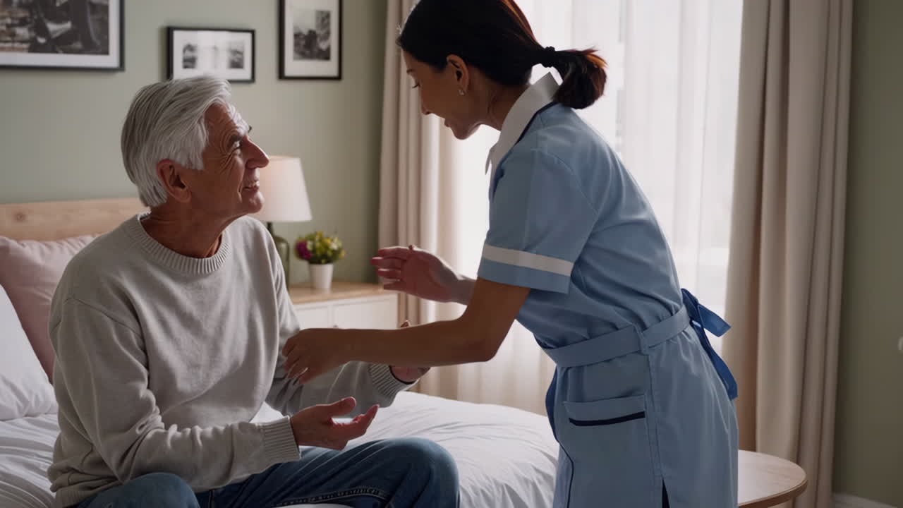 A nurse or caregiver assists an elderly man in his home, providing support and care
