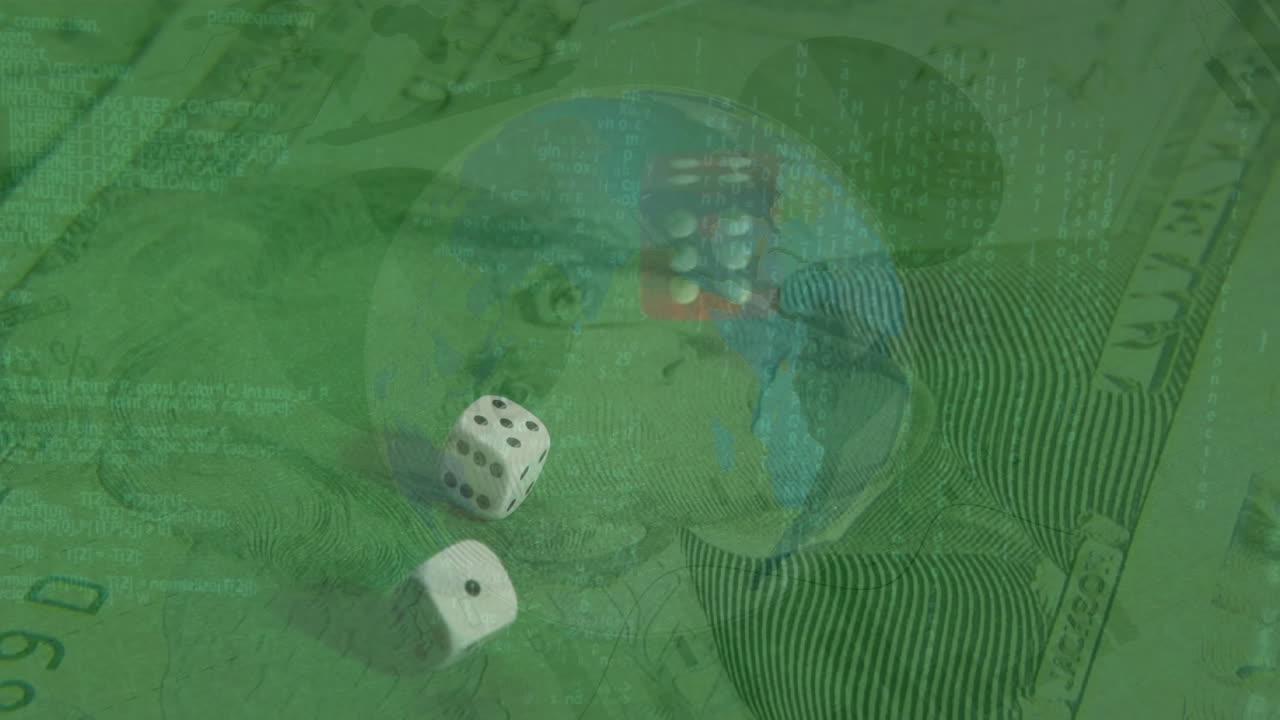 animación del procesamiento de datos sobre billetes y dados