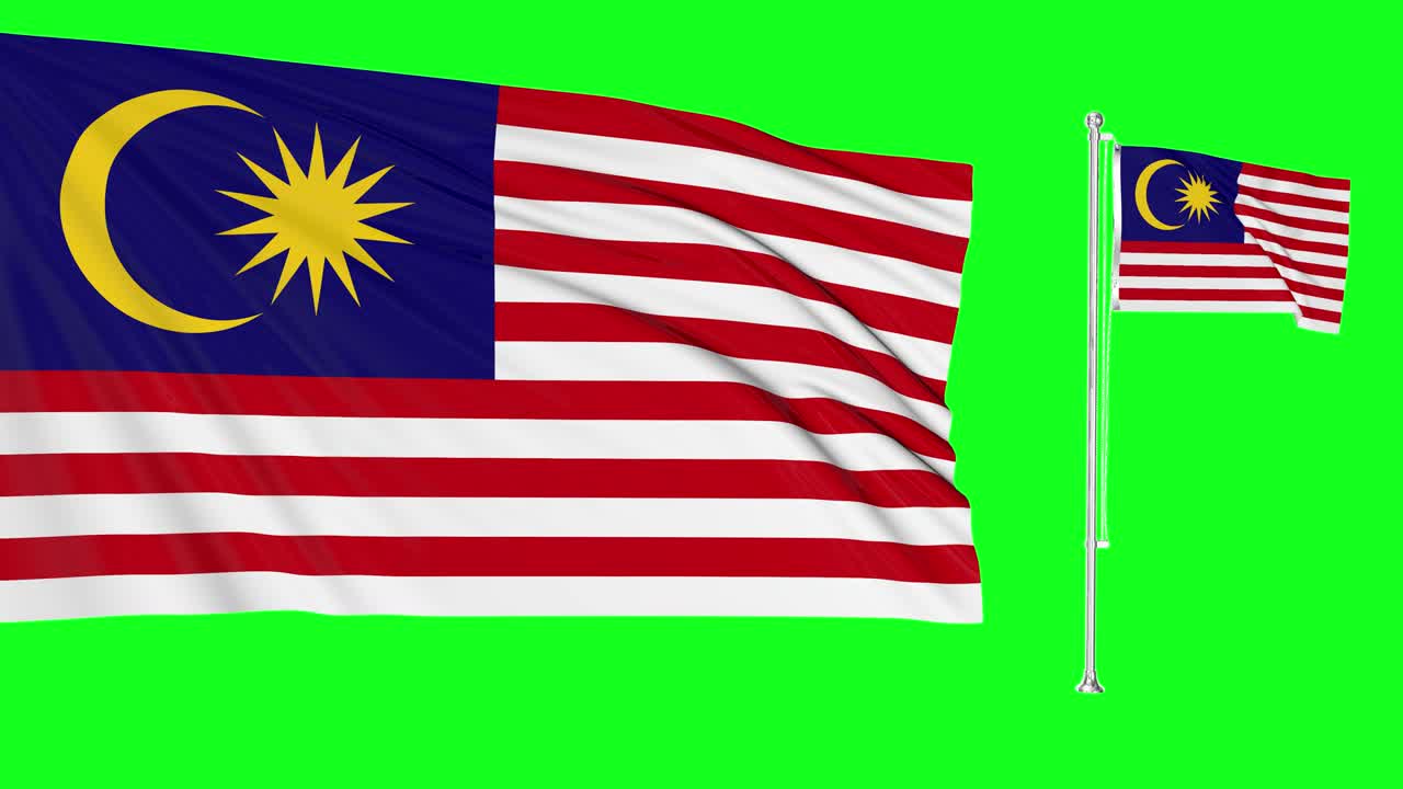 Green screen Malesia, due bandiere che sventolano, animazione 3D chroma key.