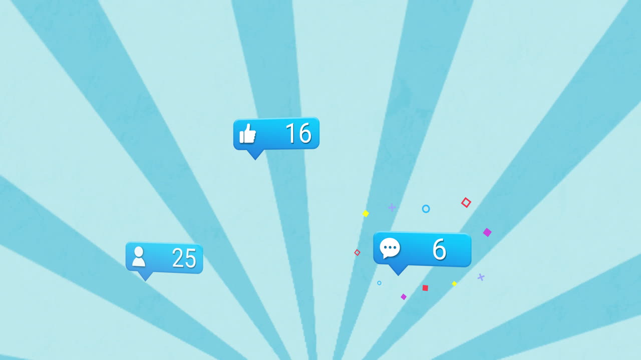 Animation of social media notifications with likes and followers on blue background
