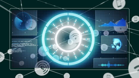 animation of network of connections with icons and data processing over screens