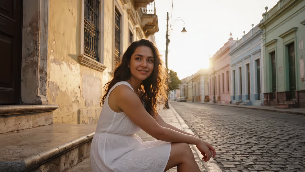 Young Woman Enjoying Sunset on a Cobblestone Street in a Historic City
