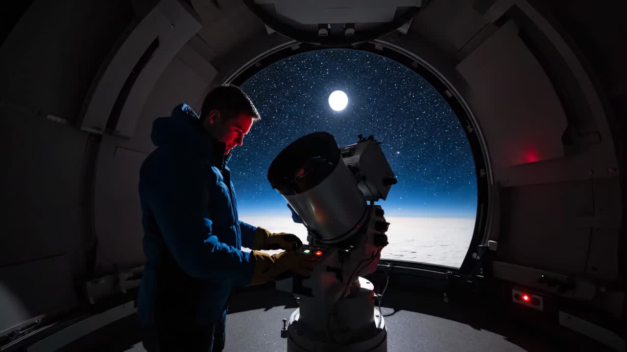 Astronomer observing the moon and stars with a telescope in an observatory