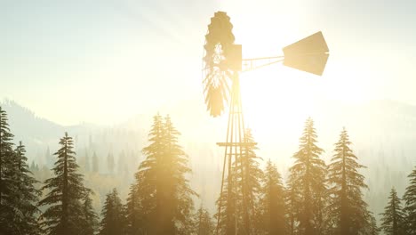 typical old windmill turbine in forest at sunset