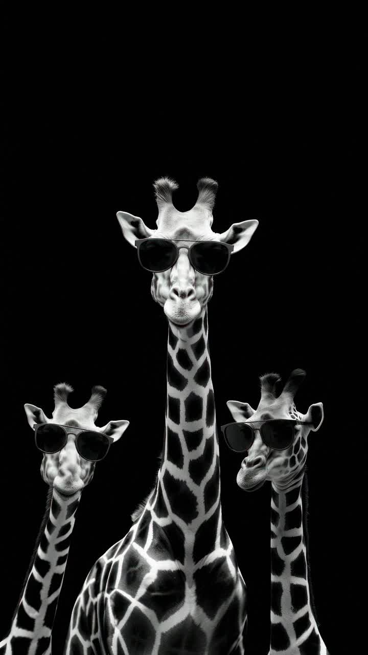 Three giraffes wearing sunglasses against a black background, shot from a low angle