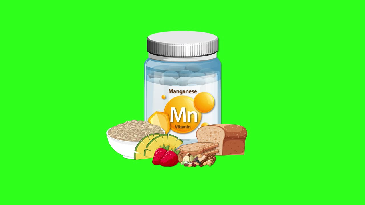Manganese supplement bottle and assorted healthy foods animate together on vibrant green screen background