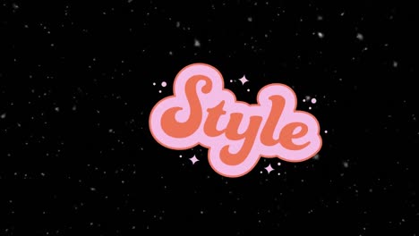 Animation-of-style-text-banner-in-retro-style-over-white-particles-falling-against-black-background