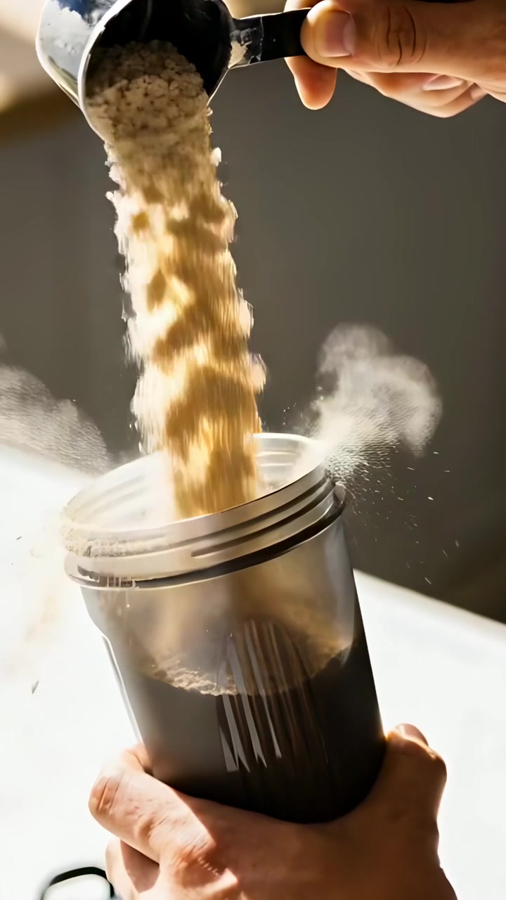 Video verticale: Mani che versano polvere da un misurino di metallo in uno shaker in cucina, preparando un frullato.