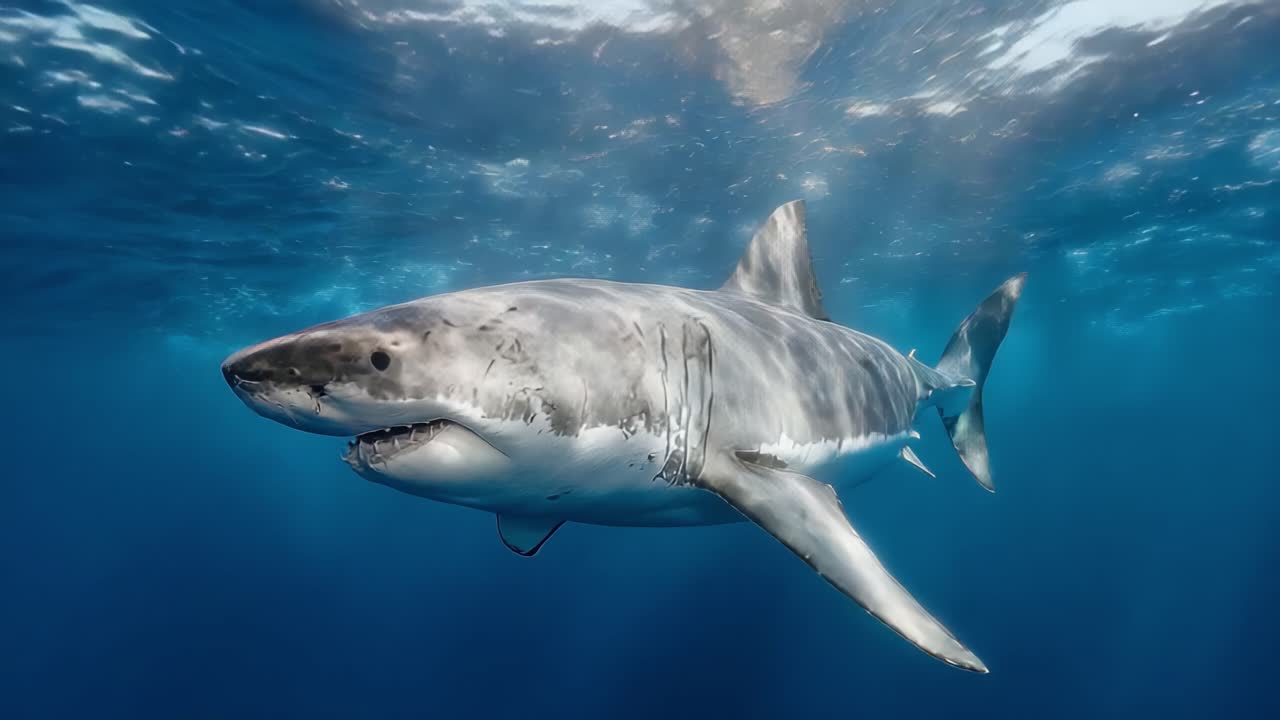 Majestic Great White Shark Swimming Elegantly Through Crystal Clear Ocean Waters, Showcasing Its Power and Grace as It Navigates Underneath the Surface
