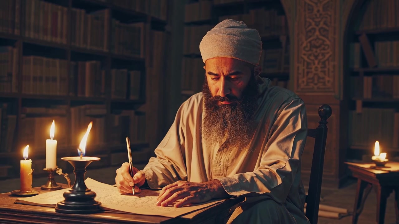Ancient Scholar Writing by Candlelight in a Grand Library