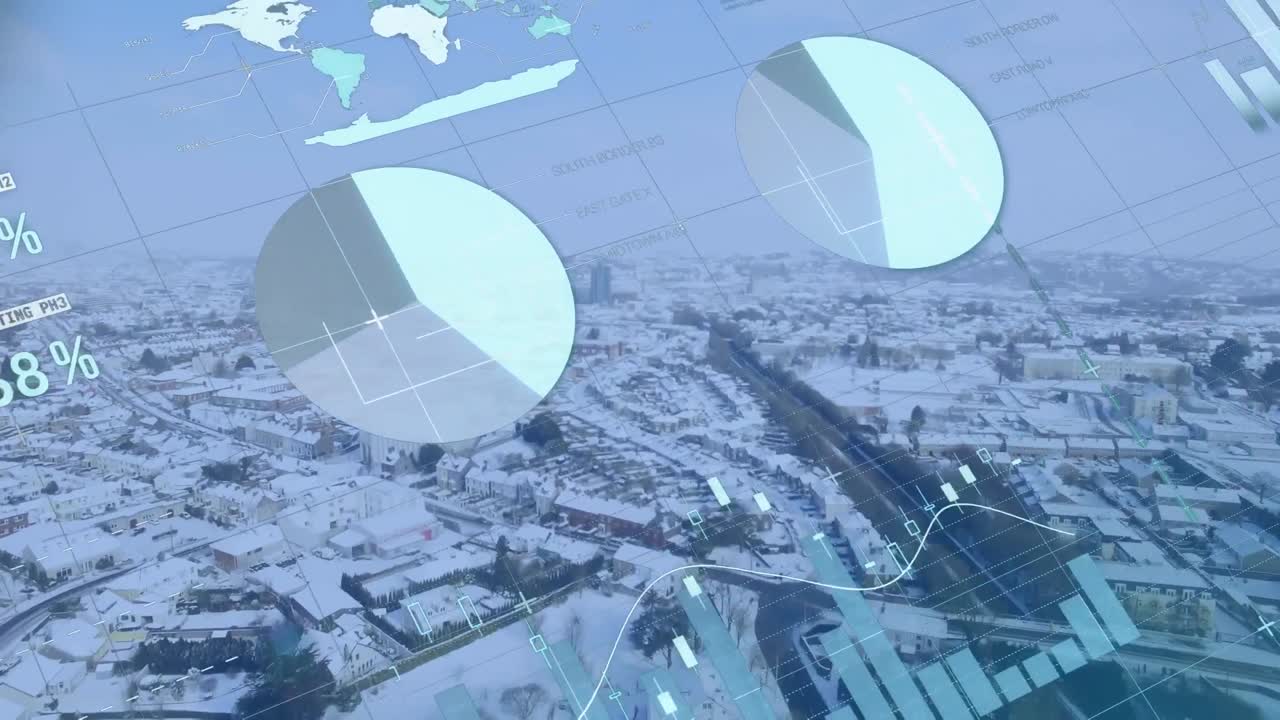 Animaatio tilastollisen tiedon käsittelystä talvimaiseman ilmanäkymää vasten