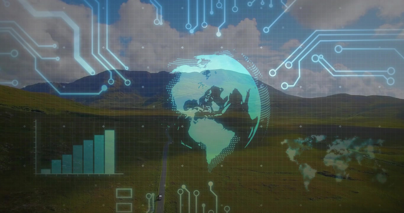 When circuit lines animating, cyan globe appearing over plains, turning, bars rising, showing data