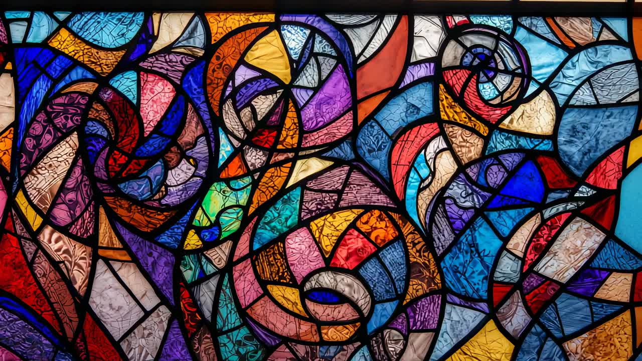 Sunlight filtering through stained glass window at chapel, with lead lines causing light variations