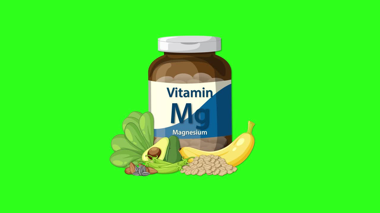 Vitamin magnesium bottle and assorted foods appear with smooth transitions on bright green background