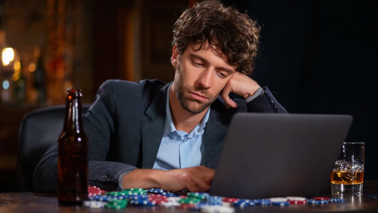 A Young Man in a Suit, Exhausted and Lost in Thought, Sits at a Poker Table Surrounded by Chips, a Laptop in Front of Him, With a Beer and Whiskey Glass Nearby, Reflecting on His Challenges