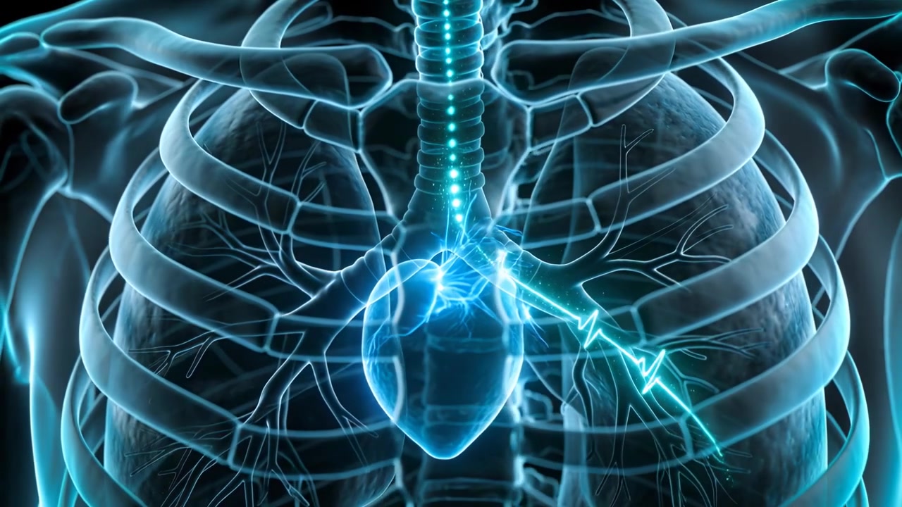 Animazione del torace in un rendering medico, con l'impulso delle vie aeree che inizia nella trachea e raggiunge il cuore per lo studio.