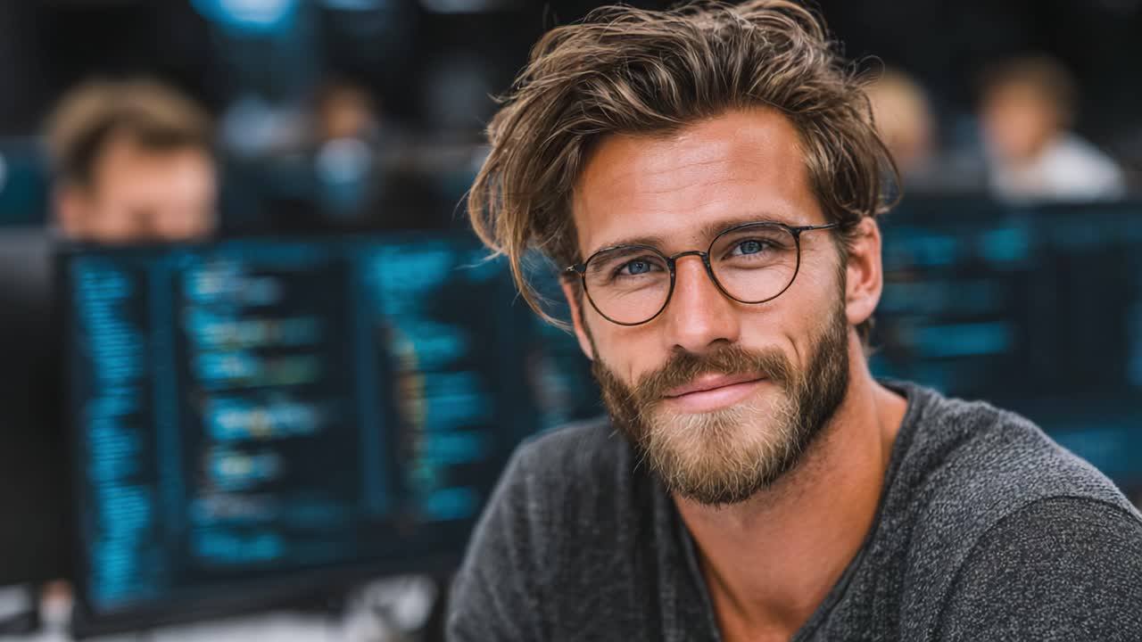 En selvsikker, ung mann med skjegg og briller smiler varmt til kameraet, og viser en vennlig fremtreden i et moderne teknologisk miljø fylt med dataskjermer