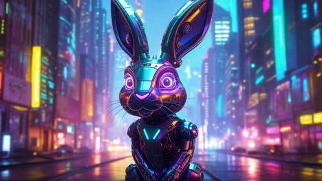 un conejo robot cyberpunk en una ciudad de neón.
