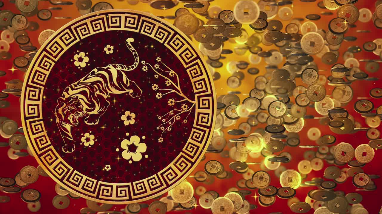 2022 año nuevo chino del tigre en el fondo de las monedas chinas, festival de primavera, deseo de riqueza. espacio de copia de bucle sin costuras animado