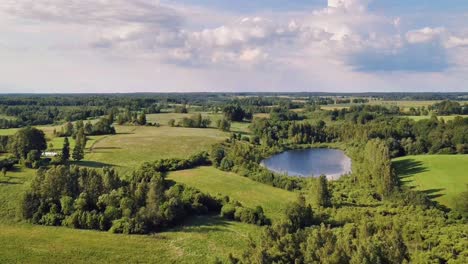 lush green meadows and serene lakes create a picturesque landscape, captured from an aerial perspective under a cloudy sky, showcasing the natural beauty of the latvian countryside