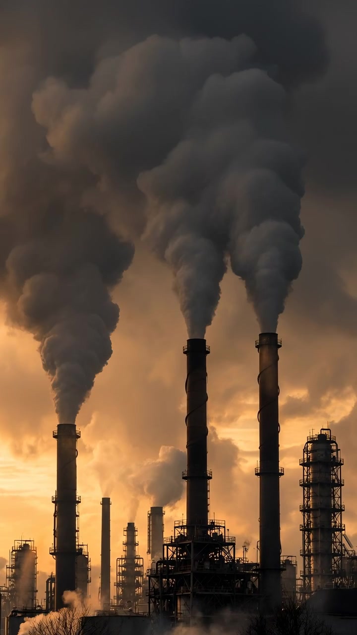 Skyline industriale al crepuscolo dorato, ciminiere imponenti che eruttano dense colonne di fumo su un complesso di raffineria.