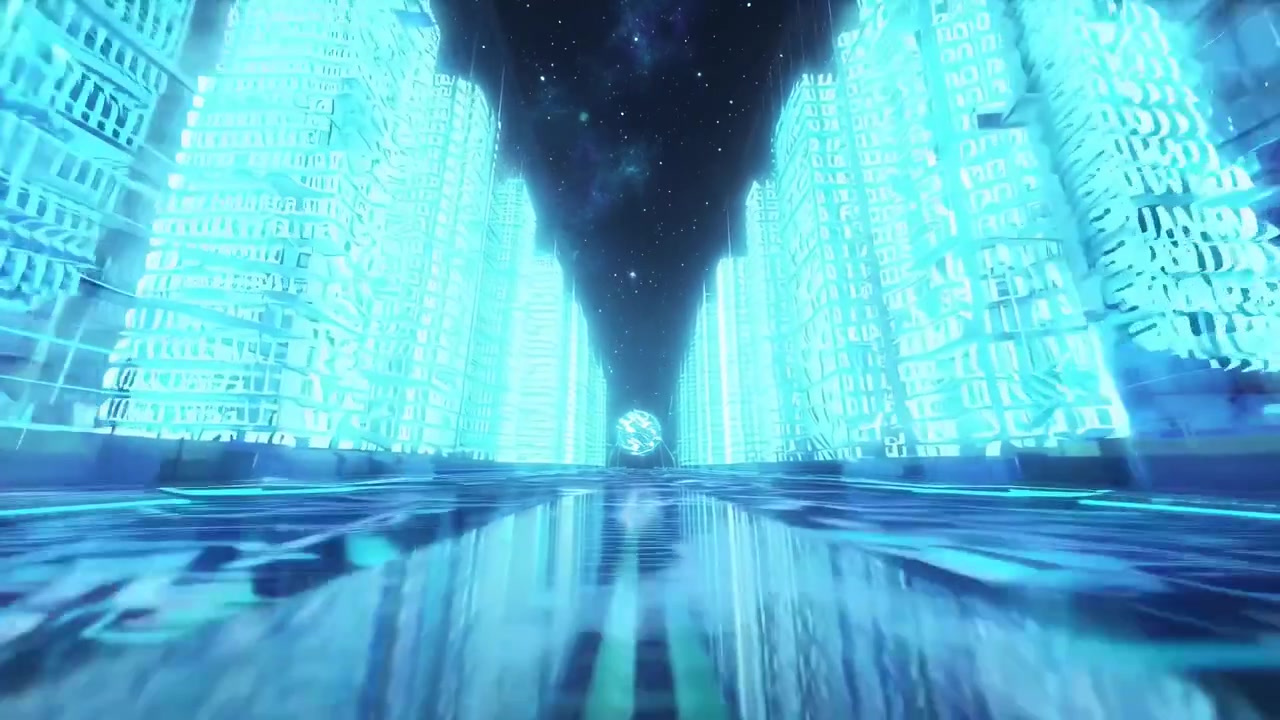 Flying Through a Futuristic Digital City Made of Binary Code