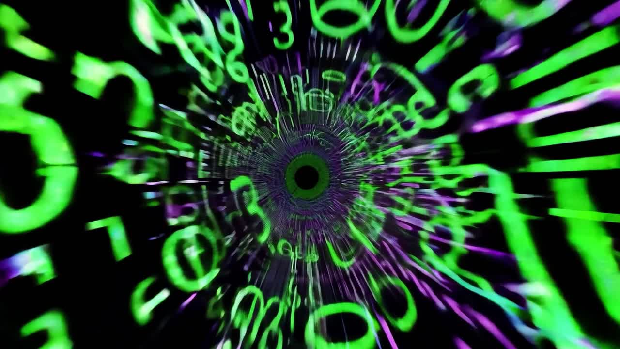 Converging numbers create a tunnel effect, leading to a black hole at the end, evoking a sense of digital depth