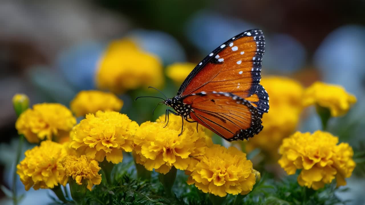 A Vibrant Monarch Butterfly Delicately Perched on Bright Yellow Marigold Flowers, Showcasing Nature's Beauty and the Intricate Patterns of Its Wings