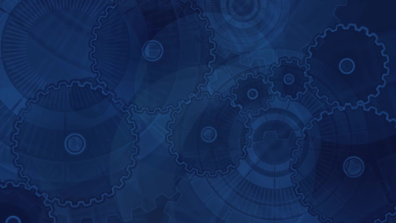Abstract loopable background with rotating gears and cogs, complex system automation and digital processes, industrial or technological backdrop in blue