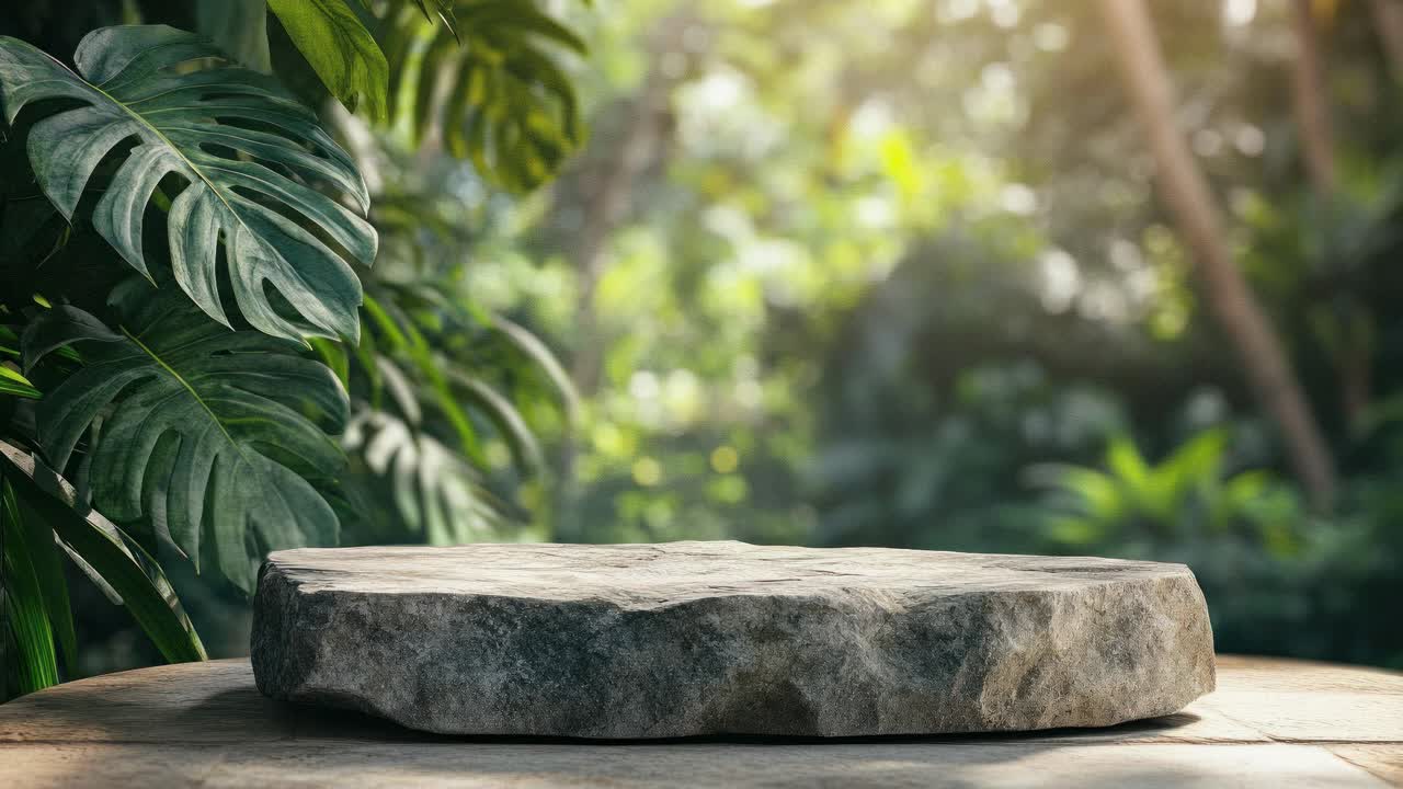 Nature-themed video backdrop with a low-angle view of a stone platform surrounded by lush greenery