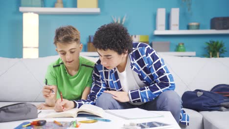 el hermano mayor ayuda a su hermano menor que está estudiando.