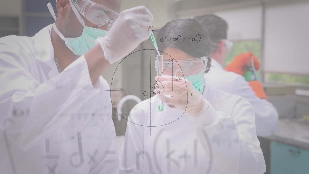 수학적 방정식은 실험실에서 일하는 남성과 여성 의료 종사자들에 대해 떠다니고 있습니다.