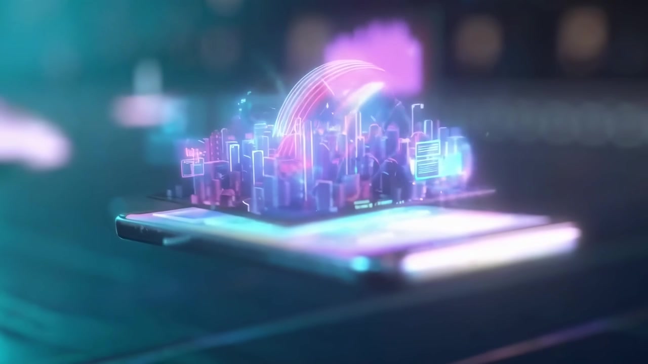 Futuristic Smartphone Displaying Holographic Data and Digital Network Connections