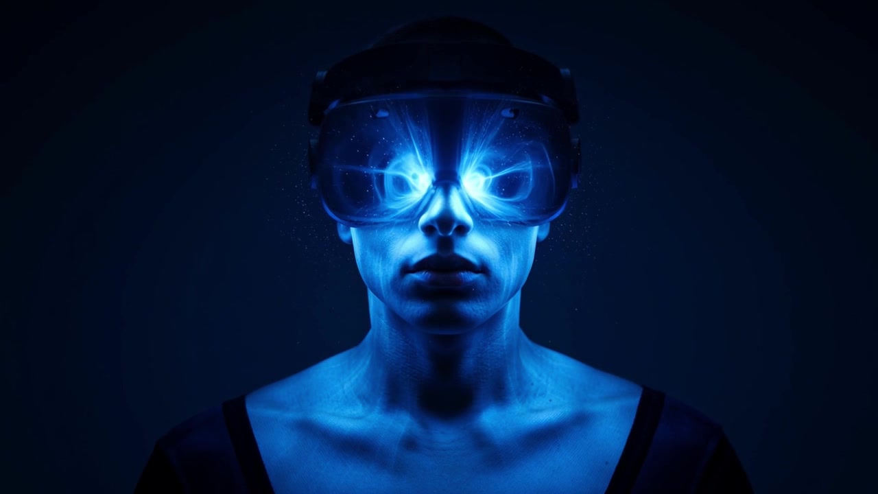 Person Wearing VR Headset with Glowing Blue Digital Lines