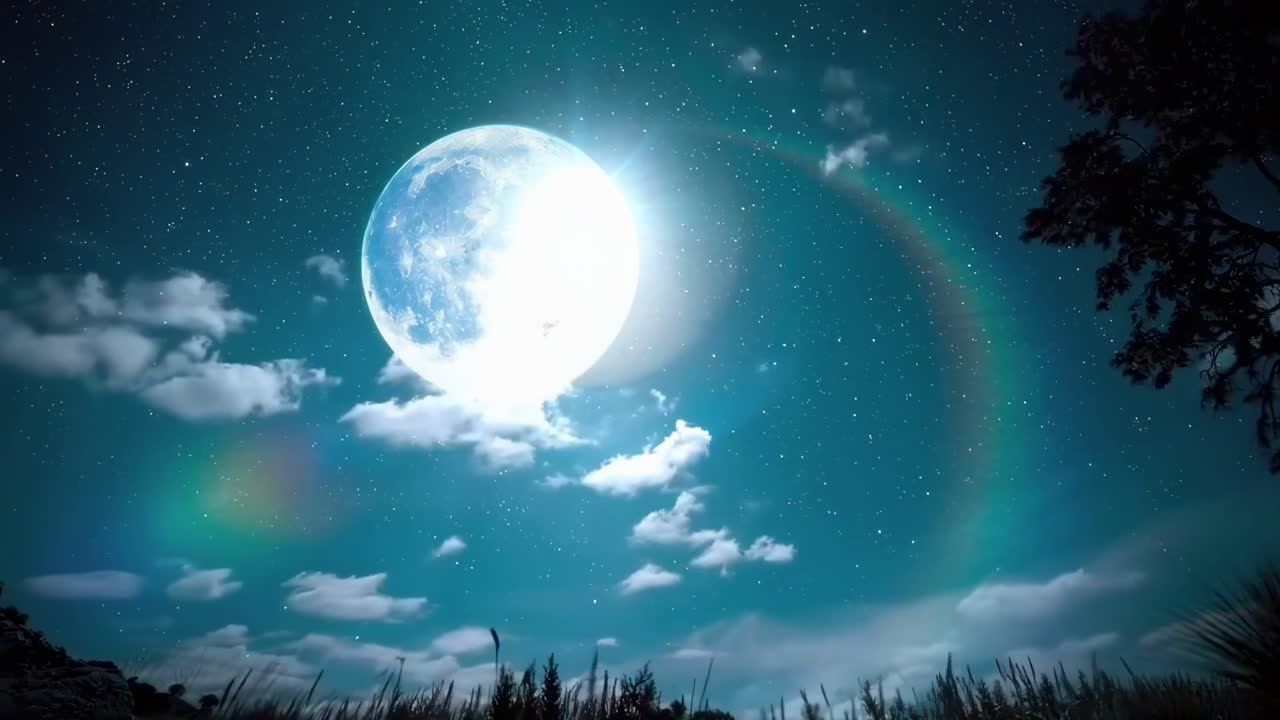 月、雲、そしてかすかな虹をローアングルで捉えた、穏やかな夜空の動画（ライブ）。