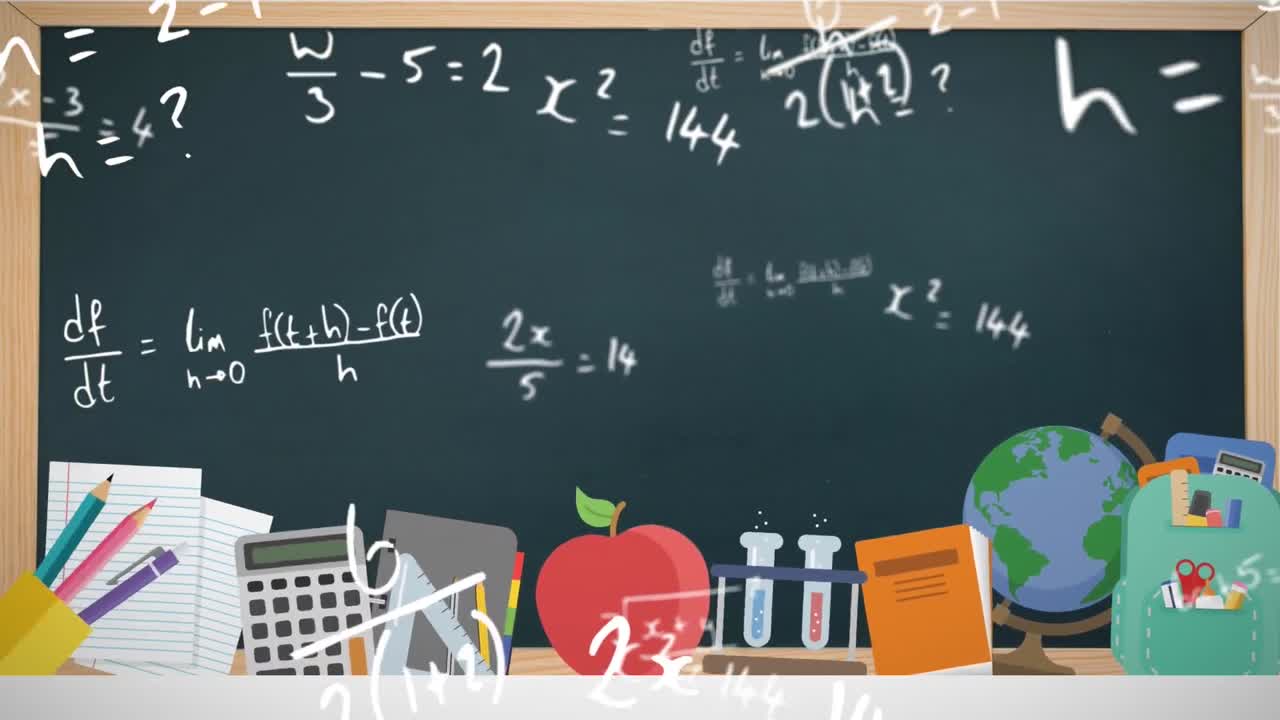 Animasi persamaan matematika dan ikon sekolah dengan papan tulis
