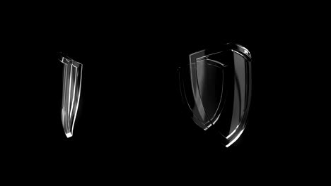 3d animation of glass shield rotating, sign of protection, defense and security on black background looped