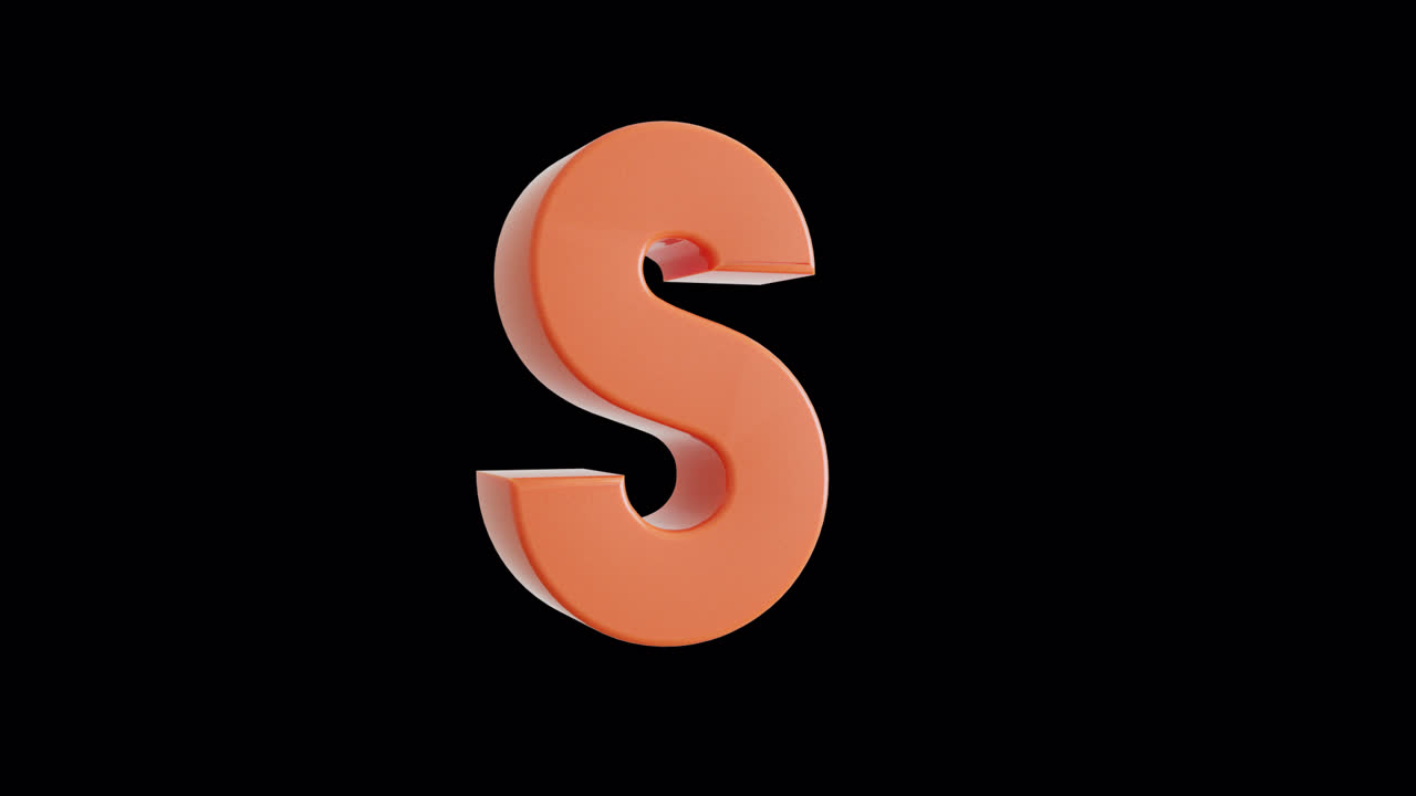 Lettera S arancione 3D che ruota su sfondo nero.