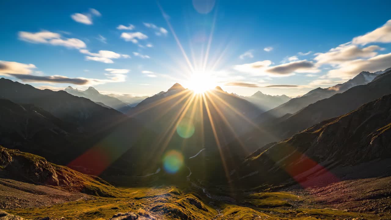 Sunrise over a valley in the mountains