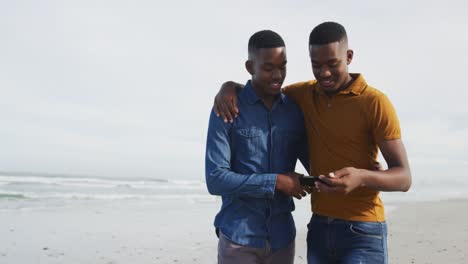 African-american-twin-brothers-standing-on-a-beach-using-a-smartphone