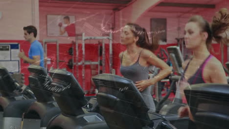 fitness partners running on gym treadmills, displaying floating animated data charts