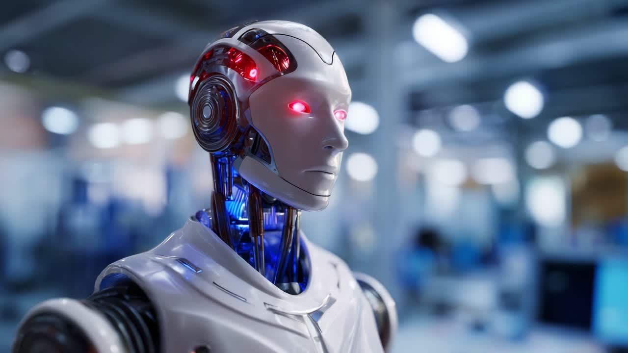 Robot umanoide avanzato con elementi luminosi in un ambiente tecnologico moderno, che mostra un design all'avanguardia e capacità di intelligenza artificiale