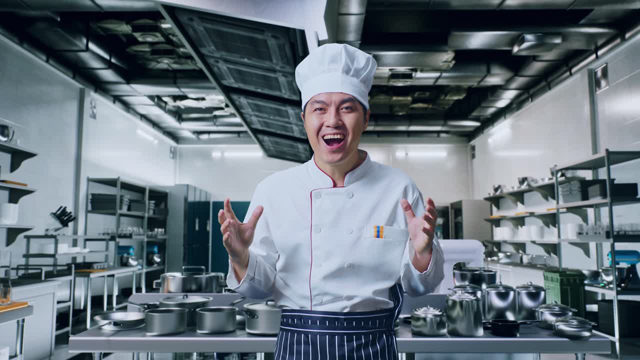 chef asiático sonriendo y diciendo wow mientras está de pie en la cocina