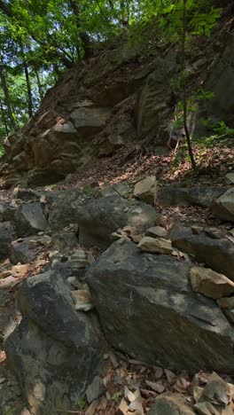 camera moves forward over rugged rocks and boulders on a forest slope beneath green trees at maninsan ecological park
