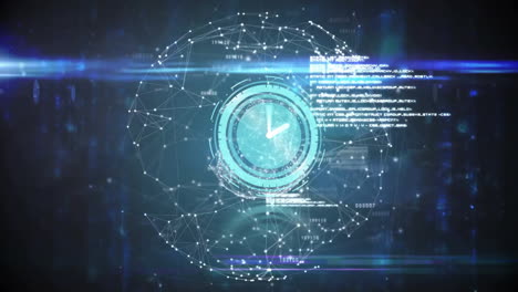 animation of futuristic digital clock with network connections and data processing