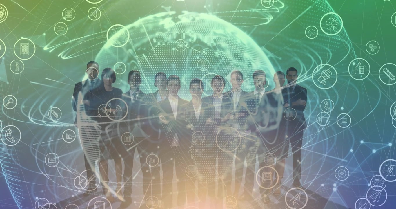 Gruppo di professionisti aziendali in piedi davanti a una rete digitale globale