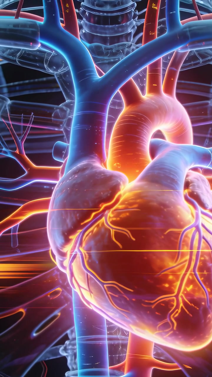 Video verticale: Cuore che pulsa seguendo un impulso elettrico nella gabbia toracica, mostrando l'aorta, il flusso coronarico.