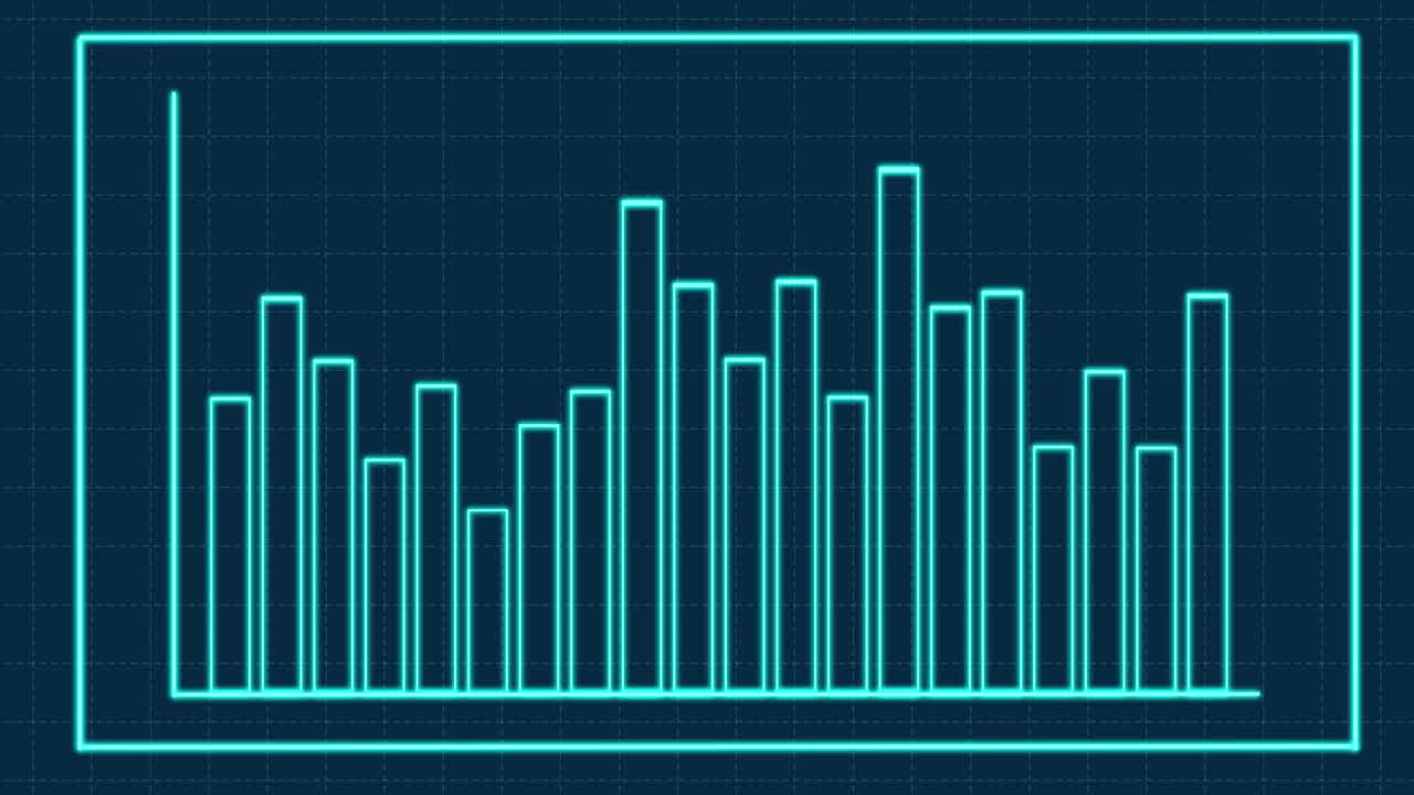Neon blue bar graph animates upward on a dark grid background, smooth linear camera movement