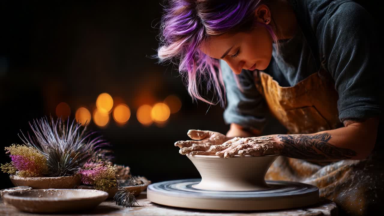 A Skilled Artisan Concentrating on Crafting a Beautiful Pottery Piece with Expert Hands, Surrounded by Natural Elements and Soft Candlelight in the Background
