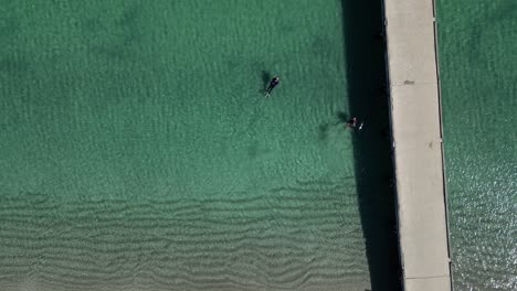 tomada aérea de arriba hacia abajo de un entrenamiento de buceo cerca del muelle en la playa de perth, australia - toma de avión no tripulado